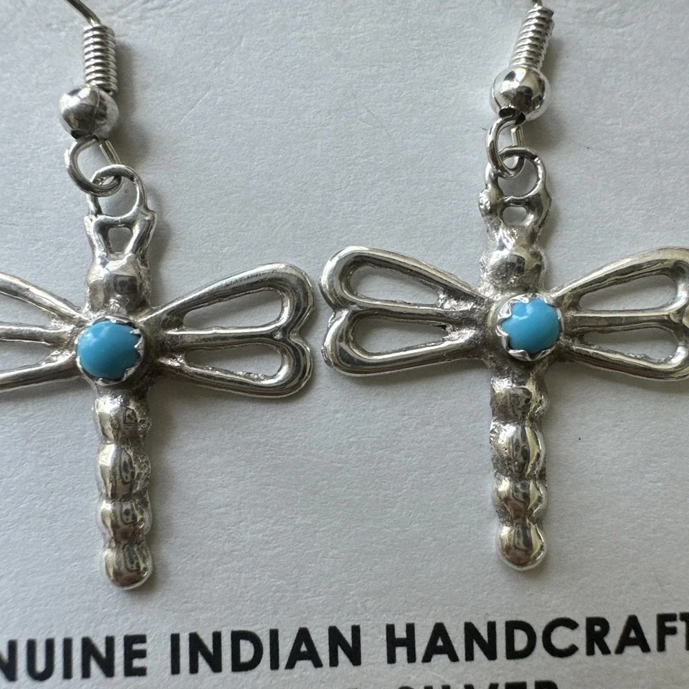 VTG Native‎ American Dragonfly Earrings 1.5 Inch Turquoise 925 Sterling 2.5g New